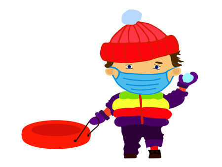 Winter tube, children. Happy boy in medical maskのイラスト素材