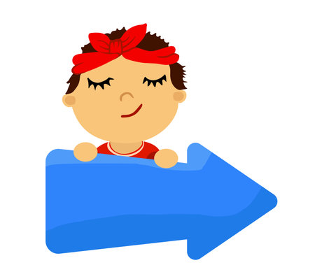 Happy boy hold big blue arrow, pointerのイラスト素材