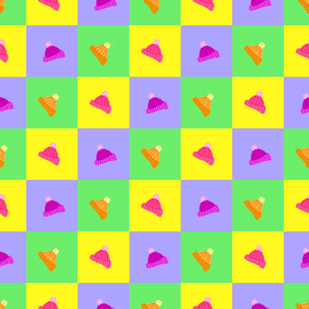 Knitted hats seamless pattern on colored backgroundのイラスト素材