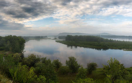 The ducts of the Yenisei River in the early morning. Siberia. Russia.