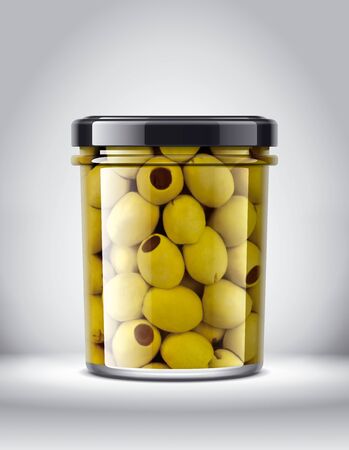 Glass Jar with Olives on Background.の写真素材