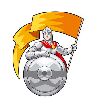 Knight with a flag in his hand and a shieldのイラスト素材