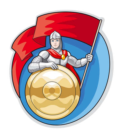 Knight with a flag in his hand and a gold shield on backgroundのイラスト素材