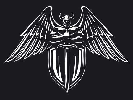 A muscular bearded man with wings in a helmet holds a sword in front of a shieldのイラスト素材