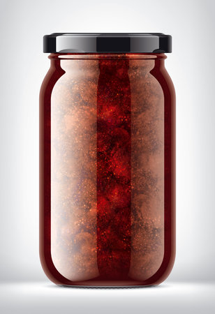 Glass Jar with Strawberry Jam on Background.の写真素材