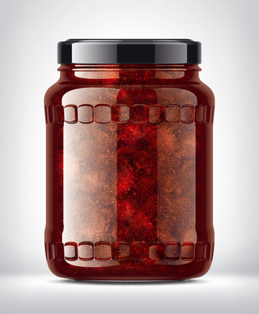 Glass Jar with Strawberry Jam on Background.の写真素材
