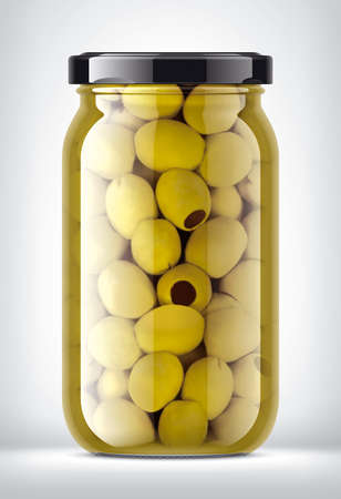 Glass Jar with Olives on Background.の写真素材