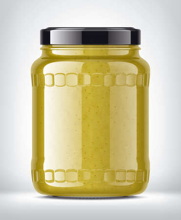 Glass Jar with Mustard on Background.の写真素材