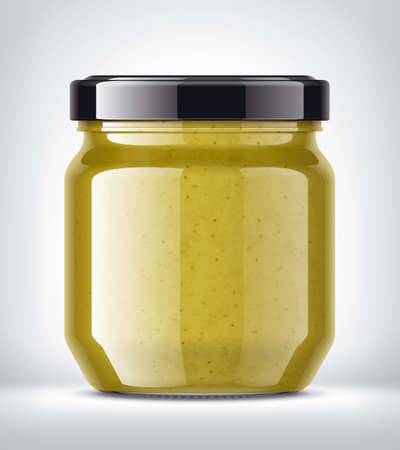Glass Jar with Mustard on Background.の写真素材