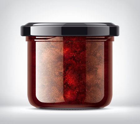 Glass Jar with Strawberry Jam on Background.の写真素材