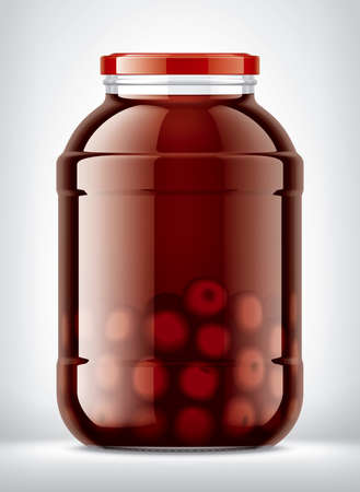Glass Jar with Cherry Juice on Background.の写真素材