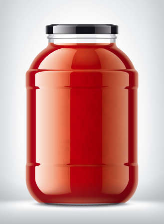 Glass Jar with Tomato Juice on Background.の写真素材