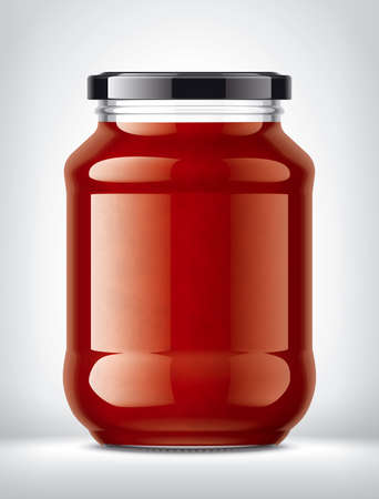 Glass Jar with Tomato Sauce on Background.の写真素材