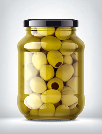Glass Jar with Olives on Background.の写真素材