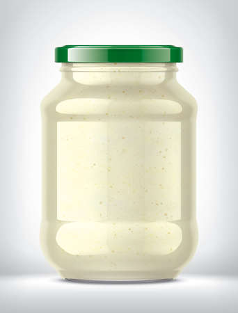 Glass Jar with Horseradish Sauce on Background.の写真素材