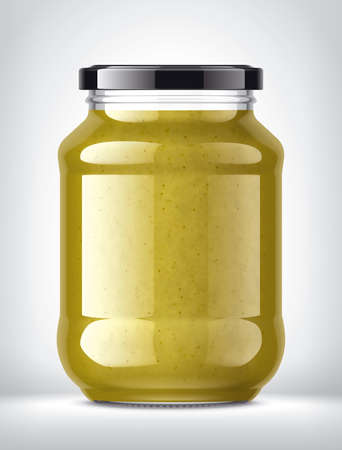 Glass Jar with Mustard on Background.の写真素材