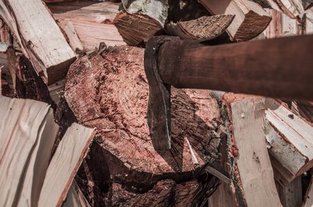 Old ax stuck in a brown stump. Nearby are birch firewood. Ax with brown wooden handle.