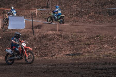 Motocross rider in action. Motocross sport. Close-up photo. Active extreme rest.の写真素材