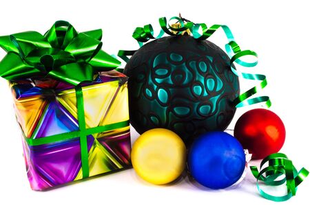 Christmas balls closeup isolated on white background. Postcard with Christmas baubles.の写真素材
