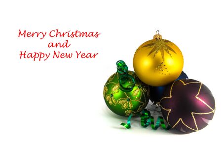Christmas balls closeup isolated on white background. Postcard with Christmas baubles.の写真素材
