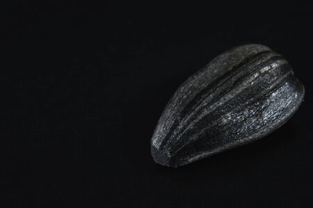 Black sunflower seeds in  macro isolated on black background. Food photo with texture closeup.