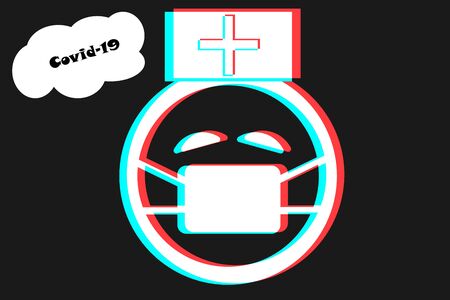 Smile icon Vector illustration in blue red and white colors. Doctor emoji on dark background with white mask. Ð¡haracter for web or card design.のイラスト素材
