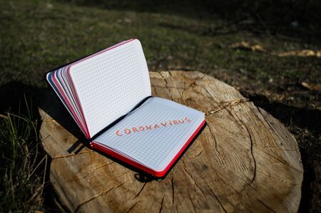 Notebook with the inscription CORONAVIRUS on stump. Concept photo on theme Coronavirus and Covid-19.の写真素材