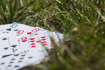 Playing cards in green grass close up. Outodoor games with sunshine. Can be used like postcard or...
