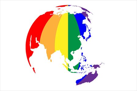 Vector illusrtation of planet Earth in LGBT colors on white background. Earth in six rainbow colors. Can be used like logo, postcard or wallpaper of LGBT communityのイラスト素材