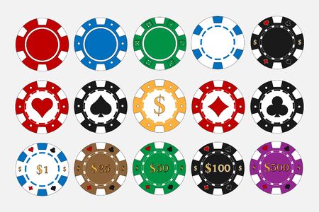 Poker casino chips icons in different colors. Simple set of poker casino chips vector icons for web design in online casinoのイラスト素材