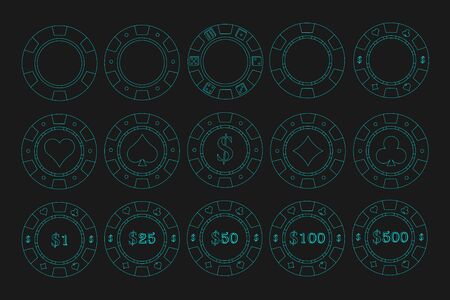 Poker casino chips icons set on dark background. Simple set of poker casino chips vector icons for web design in online casinoのイラスト素材