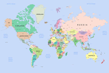 Global political map of the world. Highly detailed map with borders, countries and cities. Each country is on a separate layer and is editable.の写真素材