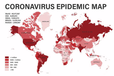 Coronavirus epidemic on political map with scale. Highly detailed map with borders and countries....