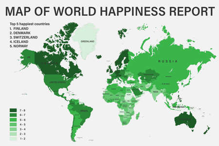 World happiness report on political map with scale. Highly detailed map with borders and countries....