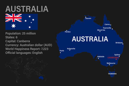 Highly detailed Australia map with flag, capital and small map of the world. Highly detailed map with borders, countries.のイラスト素材