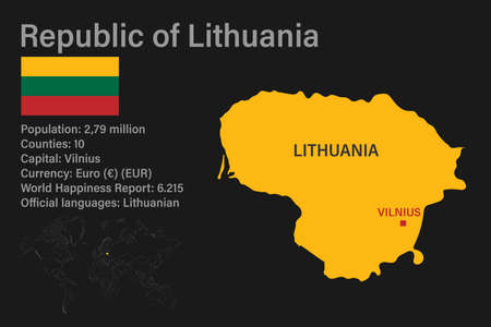 Highly detailed Republic of Lithuania map with flag, capital and small map of the world. Highly detailed map with borders, countries.のイラスト素材