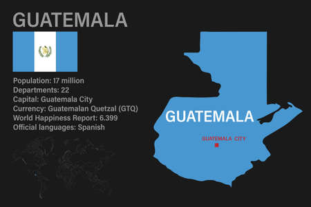 Highly detailed Guatemala map with flag, capital and small map of the world. Highly detailed map with borders, countries.のイラスト素材