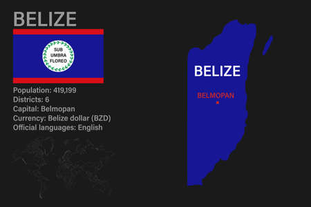 Highly detailed Belize map with flag, capital and small map of the world. Highly detailed map with borders, countries.のイラスト素材