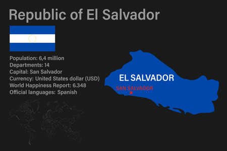 Highly detailed El Salvador map with flag, capital and small map of the world. Highly detailed map with borders, countries.のイラスト素材
