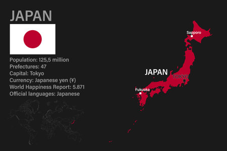 Highly detailed Japan map with flag, capital and small map of the world. Highly detailed map with borders, countries.のイラスト素材