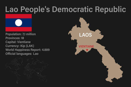Highly detailed Laos map with flag, capital and small map of the world. Highly detailed map with borders, countries.のイラスト素材