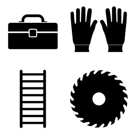 Set of work tools. Tool box, gloves, ladder, circular saw in flat styleのイラスト素材