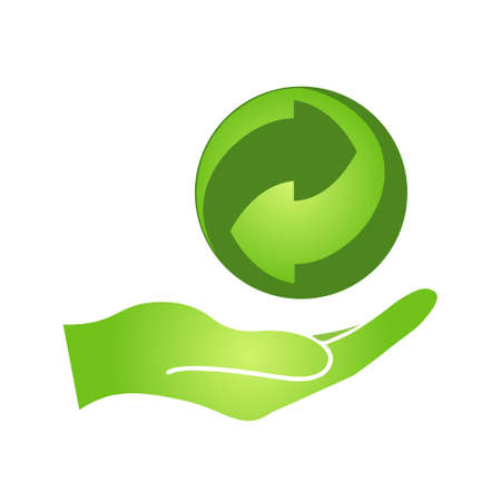 Hand with Green recycle sign Simple icon on product packaging and box. Eco iconのイラスト素材