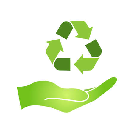 Hand with Green recycle sign Simple icon on product packaging and box. Eco iconのイラスト素材