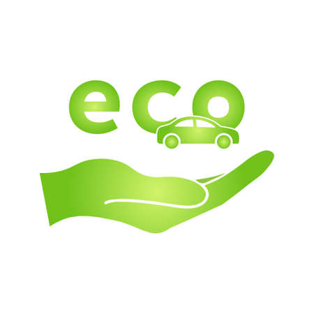 Eco hand with electrocar icon Zero emission vehicle Battery charging station sign. Bio nature green eco symbol for web and businessのイラスト素材