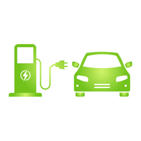 Eco electrocar icon Zero emission vehicle Battery charging station sign. Bio nature green eco symbol for web and businessのイラスト素材