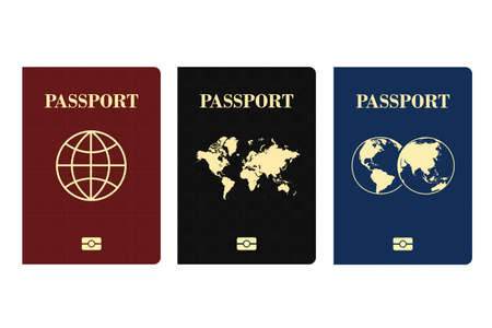 International biometric black blue and red passport isolated on white background. International identification documentのイラスト素材