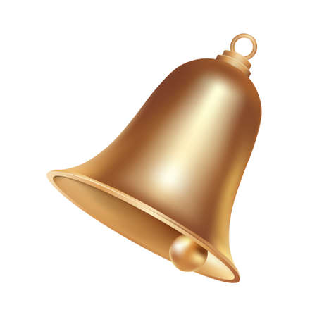Volumetric realistic golden Christmas bell isolated on white background. Christmas and happy new year symbol.のイラスト素材