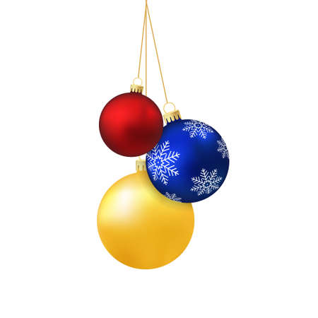 Christmas red blue and yellow balls on a string isolated on white background. Holiday decoration templateのイラスト素材