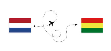 Flight and travel from Netherlands to Bolivia by passenger airplane. Airplane route and country flags. Travel conceptのイラスト素材